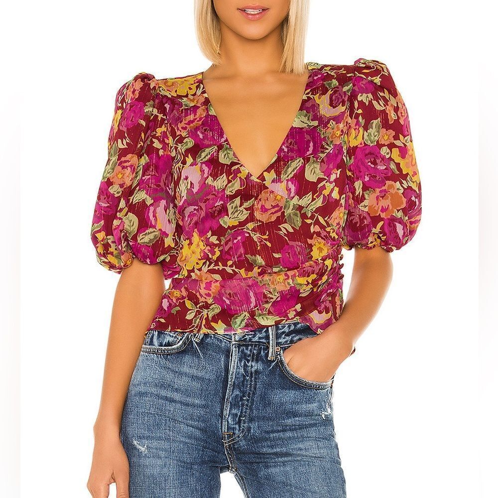 Revolve LPA Ada Puff Sleeve Pink Floral Wrap Crop Blouse